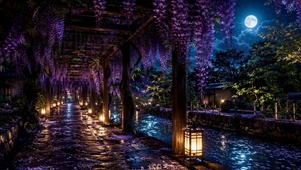月夜紫藤花廊浪漫夜景