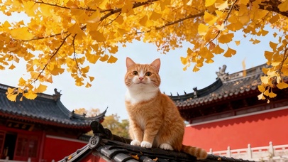 深秋落叶红墙下的小奶猫眺望远方