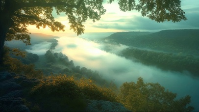 俯瞰日出晨雾河畔