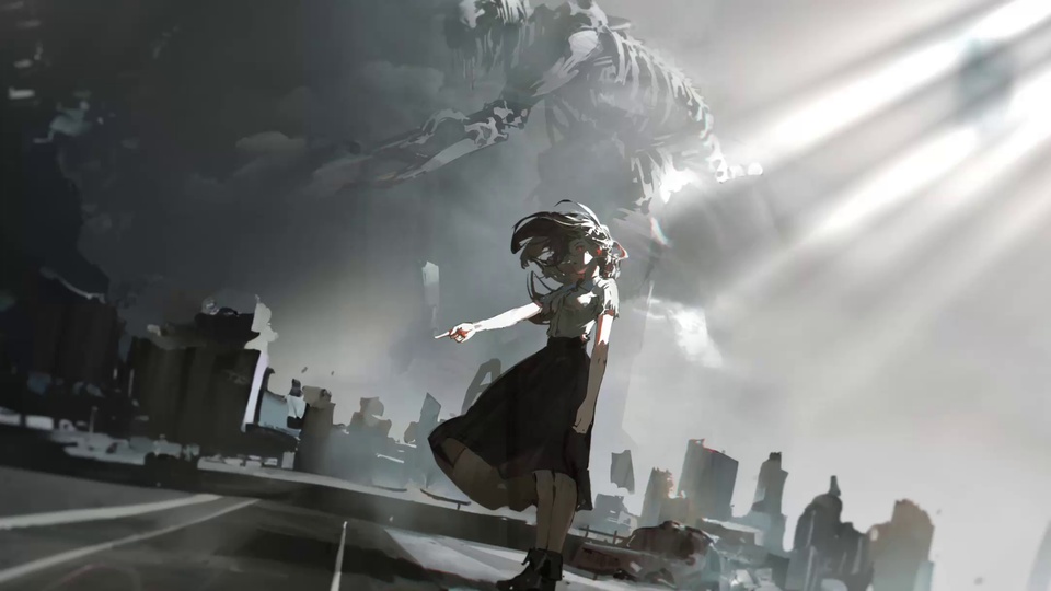 灰调末日城市场景，破损路面上站着黑衣少女，身后是巨型人形怪物。
