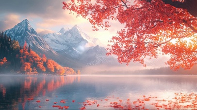 雪山红叶迷雾湖泊