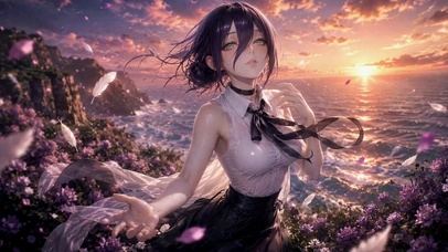 海边日落紫发二次元美少女