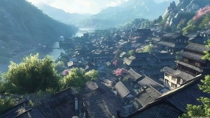 远眺溪流山谷古镇村庄