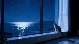 夜晚独坐的小猫