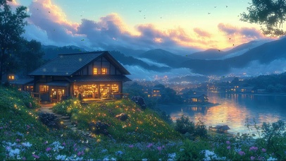 傍晚湖畔木屋商店草地