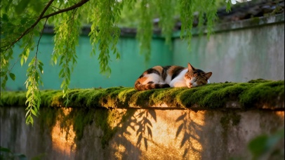 墙头黄昏 酣睡的三花猫