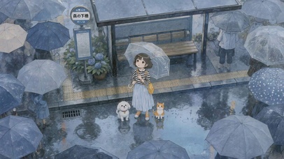 雨中巴士站的少女与萌宠