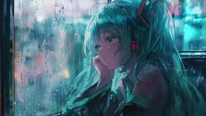 美少女孤单望着窗外雨滴屏唯美