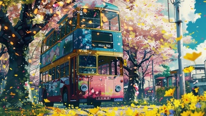 花树下的双层巴士