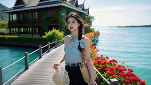 海边度假地站在鲜花木栈道的美女