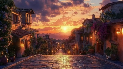 外国静谧小镇晚霞落日