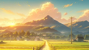 夕阳树木房屋绿景带鱼屏