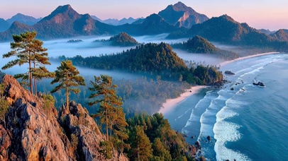 俯瞰晨雾海岛海湾