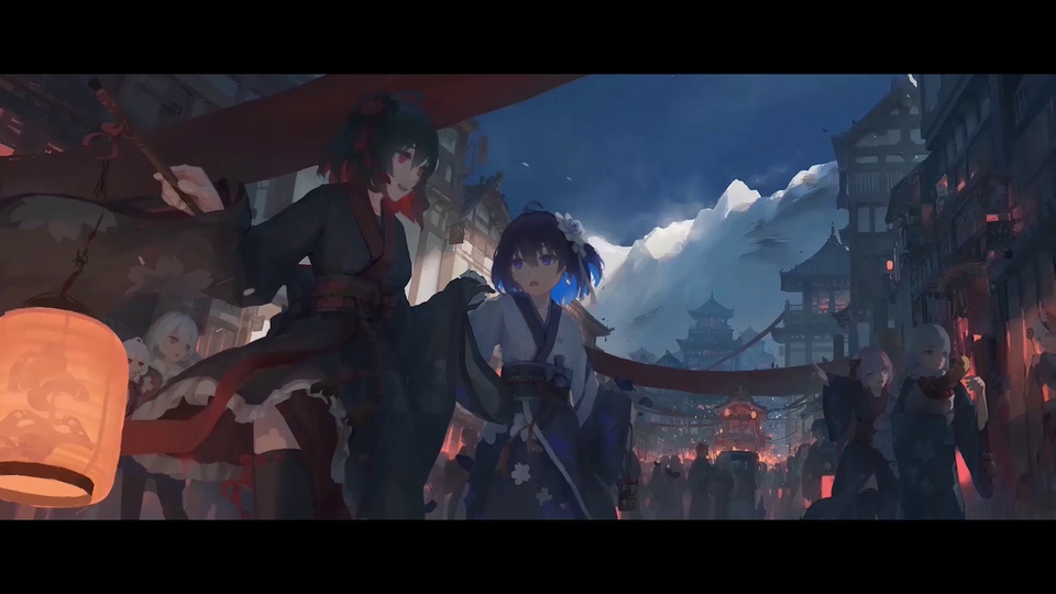 夜晚古风街道，和服少女站在人群中，远处雪山与暖红灯笼交织