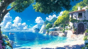 白云树木海景