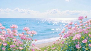 护眼碧海粉色花田海岸