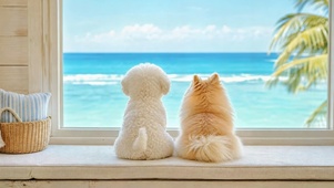 窗边猫狗看海