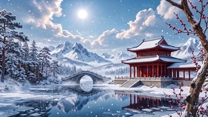雪落寒江冬景