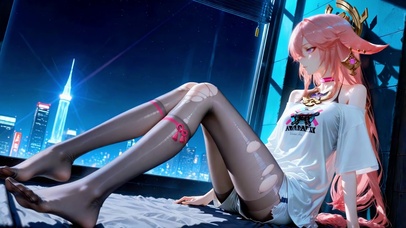 都市夜景窗边粉发美少女