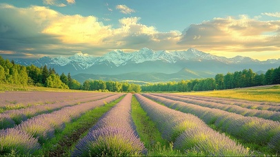 日出雪山薰衣草花海