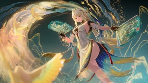 白裙金鸟 折扇少女