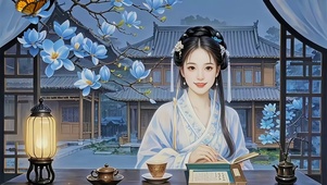 在看古籍的古风美女