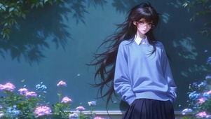 蓝墙花丛女孩