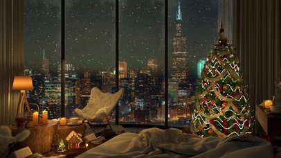 唯美雪天都市夜景圣诞房间