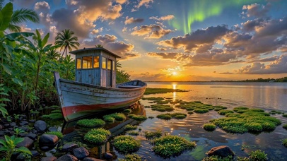 落日河畔旧船治愈风景