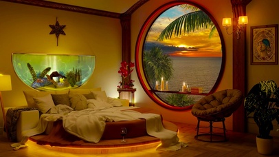 温馨夕阳湖畔小屋