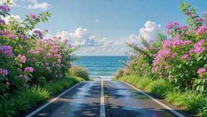 花海公路通往蔚蓝大海