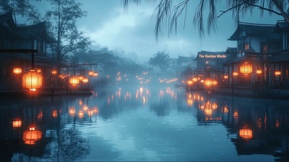 阴天小雨湖畔古城建筑