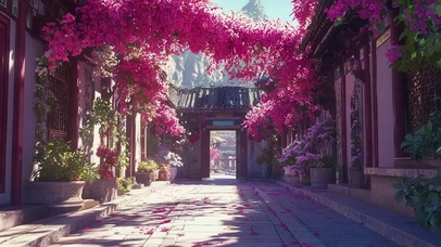 春日繁花阳光古镇建筑