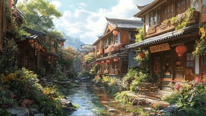 夏日古镇溪流两岸建筑