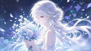 捧花白发少女