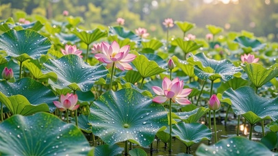 晴天晨露荷花