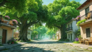 小镇绿荫大树