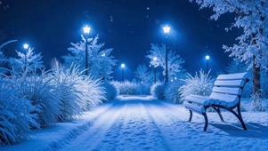 雪夜路灯长椅