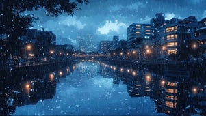 蓝调雨夜城市河岸夜景