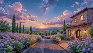星空黄昏花径小镇治愈风景
