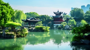 湖泊古亭美景