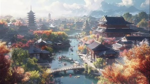 灿烂秋日河流古城建筑