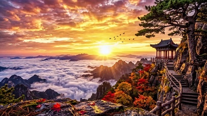 云海险峰秋亭