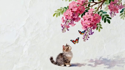 花枝下的猫咪和蝴蝶