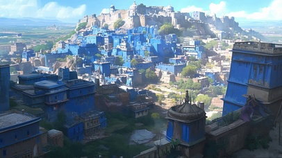 蓝天阳光蓝色古城