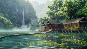 护眼绿景房屋河流