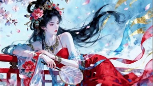 倚栏执扇逐飞花