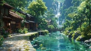 护眼绿景瀑布山水