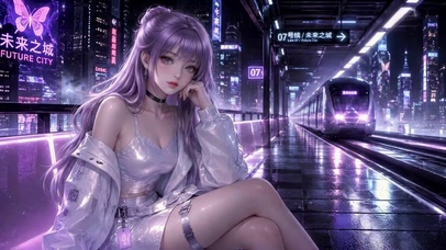 赛博未来之城紫发美少女