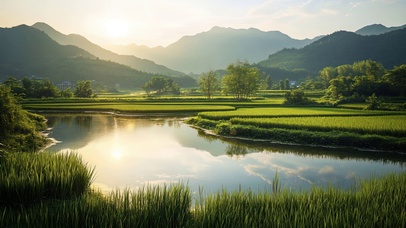 阳光绿色稻田古镇